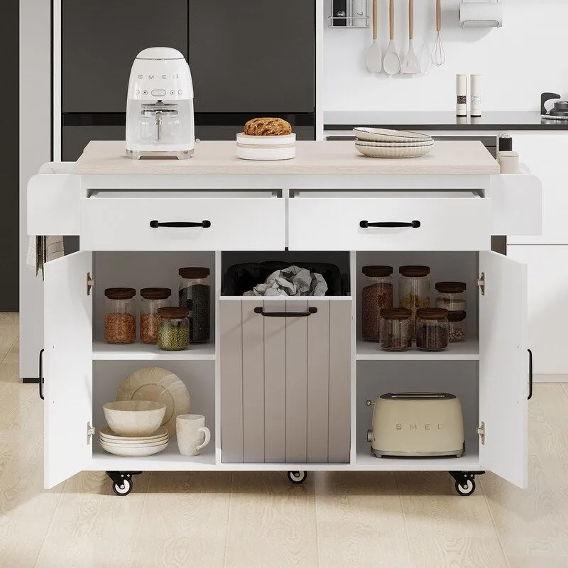 Grey / Walnut Brown / White Oak Rolling Kitchen Island with Trash Cabinet, Drop Leaf & Wheels, For 1–2 Person Use