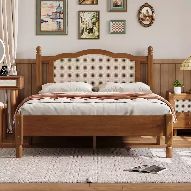 Queen/Full Size Wooden Platform Bed with Natural Rattan Headboard, Vintage Bed Frame with Wooden Slat Support 4B - ModernLuxe