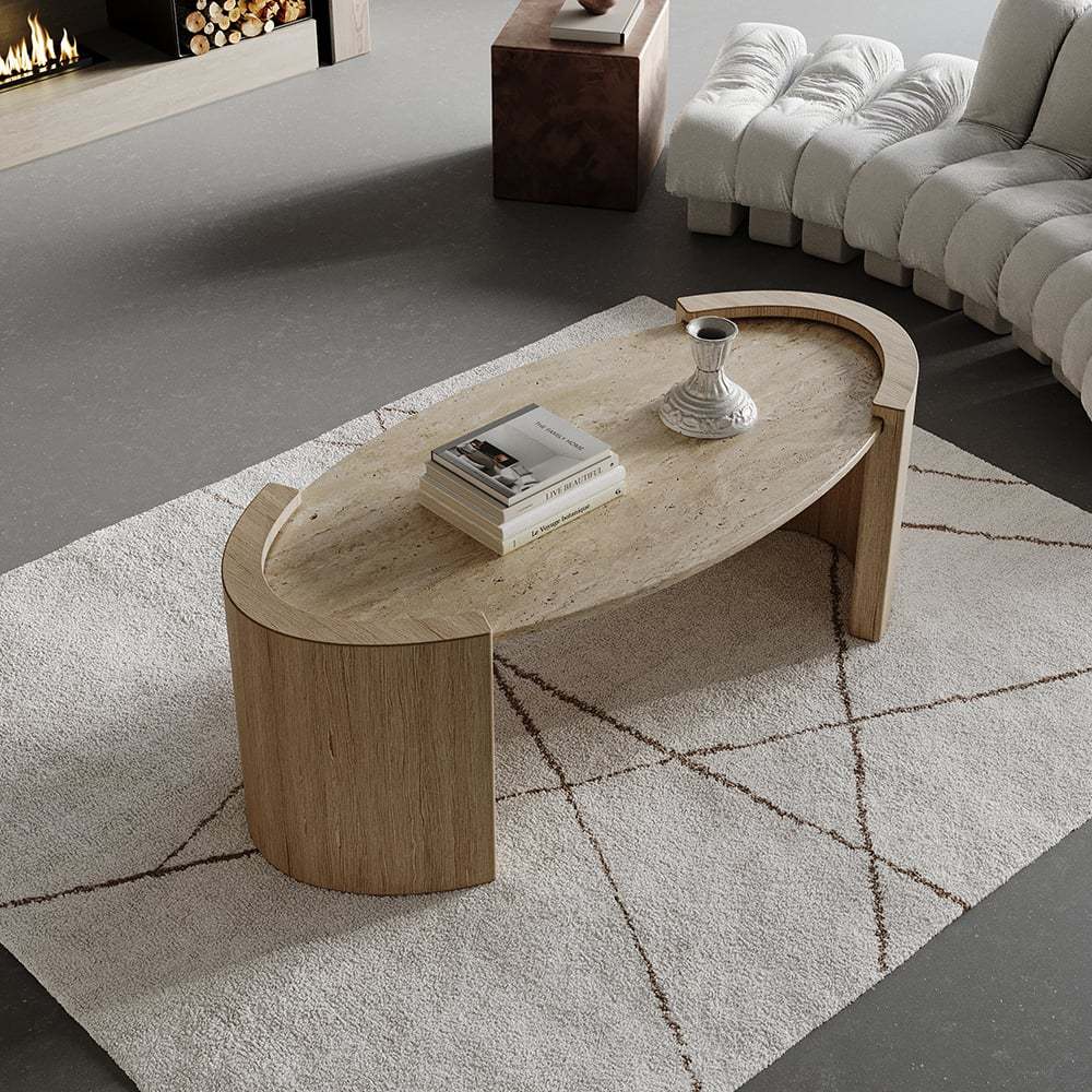 Japandi Oval Travertine Coffee Table in Double Pedestal