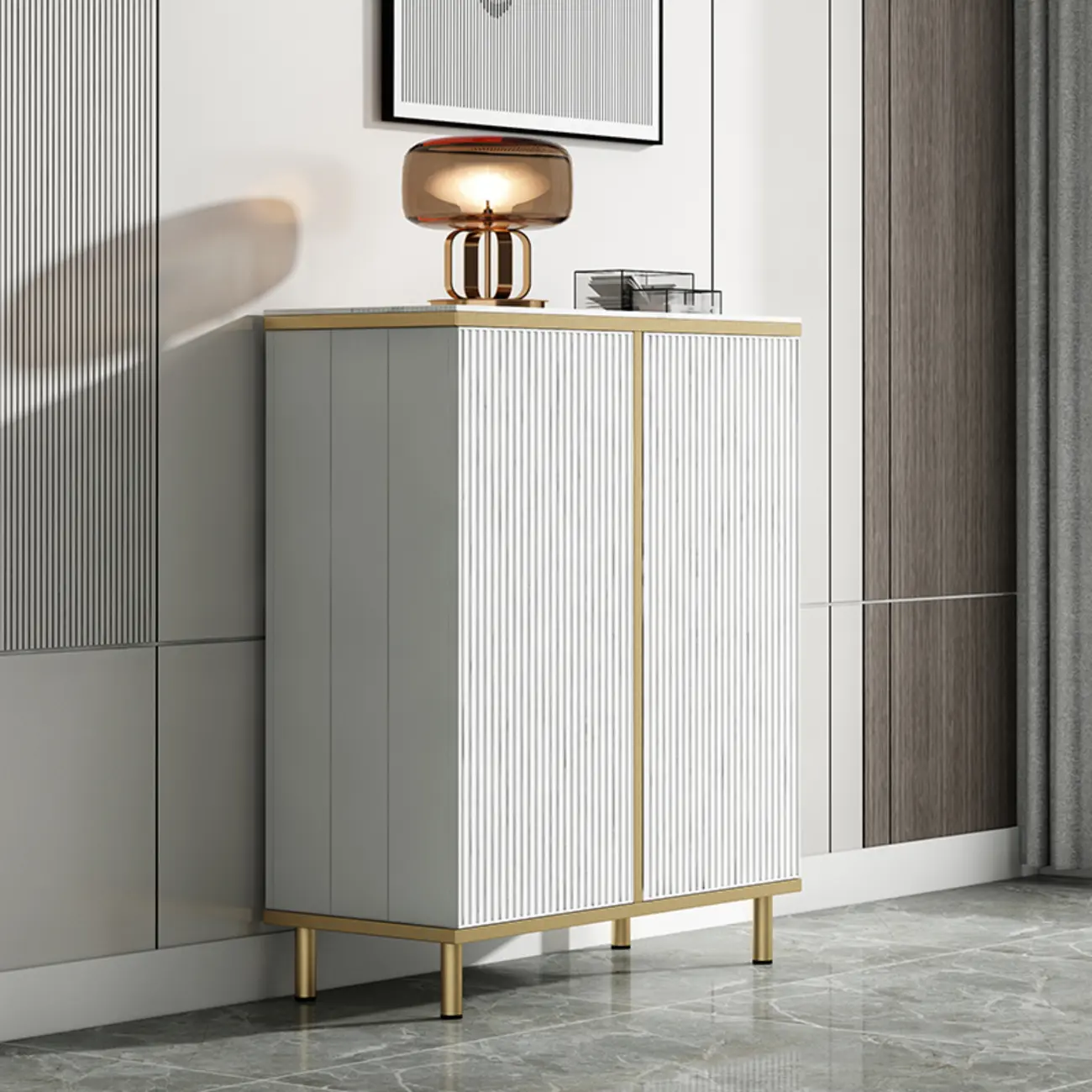 Modish White Metal Entryway Shoe Storage Cabinet