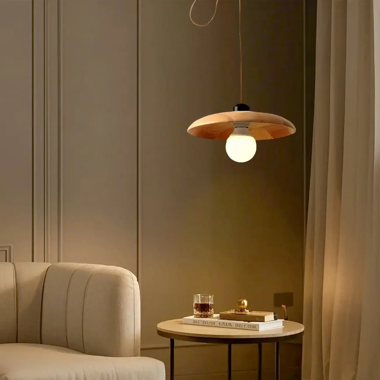 Modern Flexible Round Pendant Light in Solid Wood and Metal