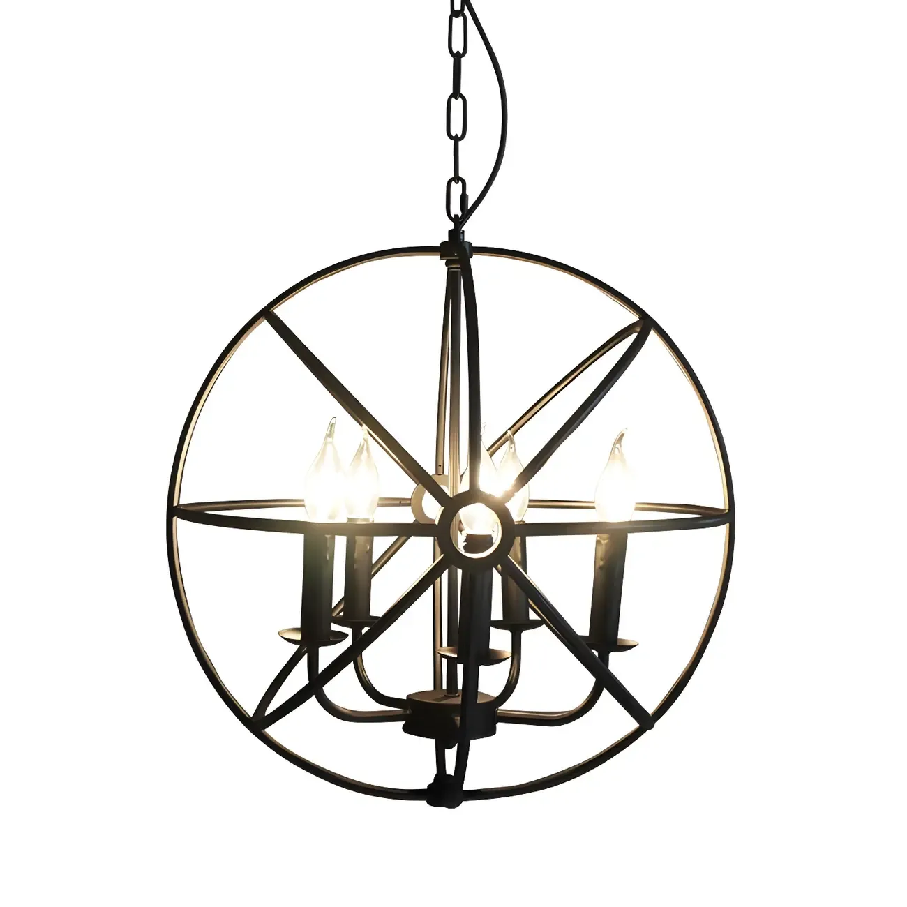 Industrial Black Metal Globe Caged Candelabra Chandelier