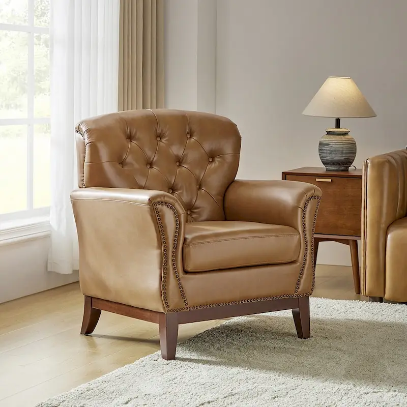 Genuine Leather Tufted Wingback Accent Chair with Nailhead Trim