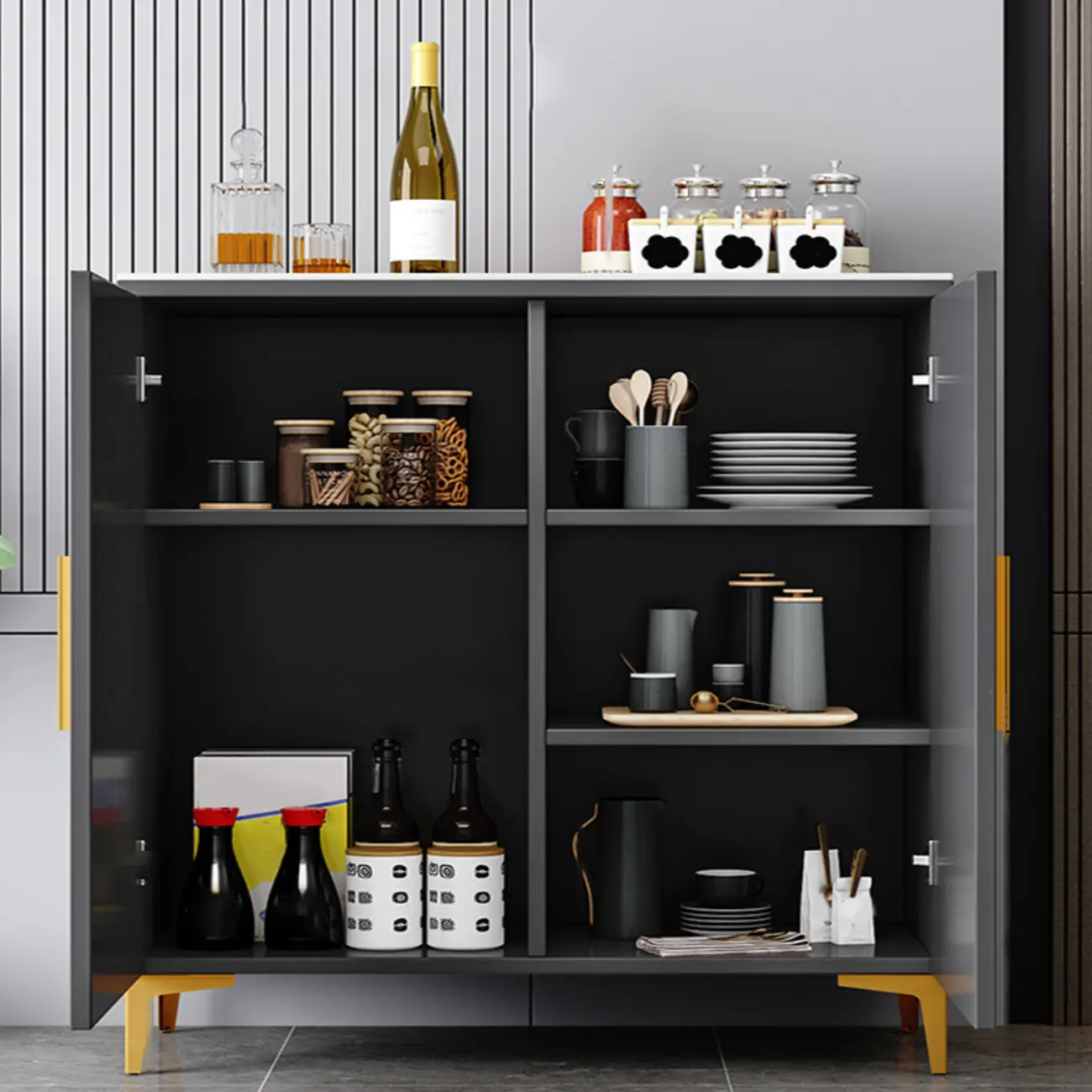 Glam Grey Wooden Sideboard with Cabinets