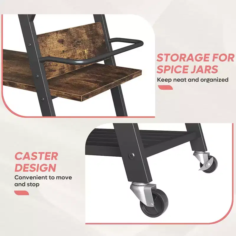 Rustic Brown / Vintage Dark Grey Rolling Kitchen Cart with 3-Tier Shelf, Lockable Wheels