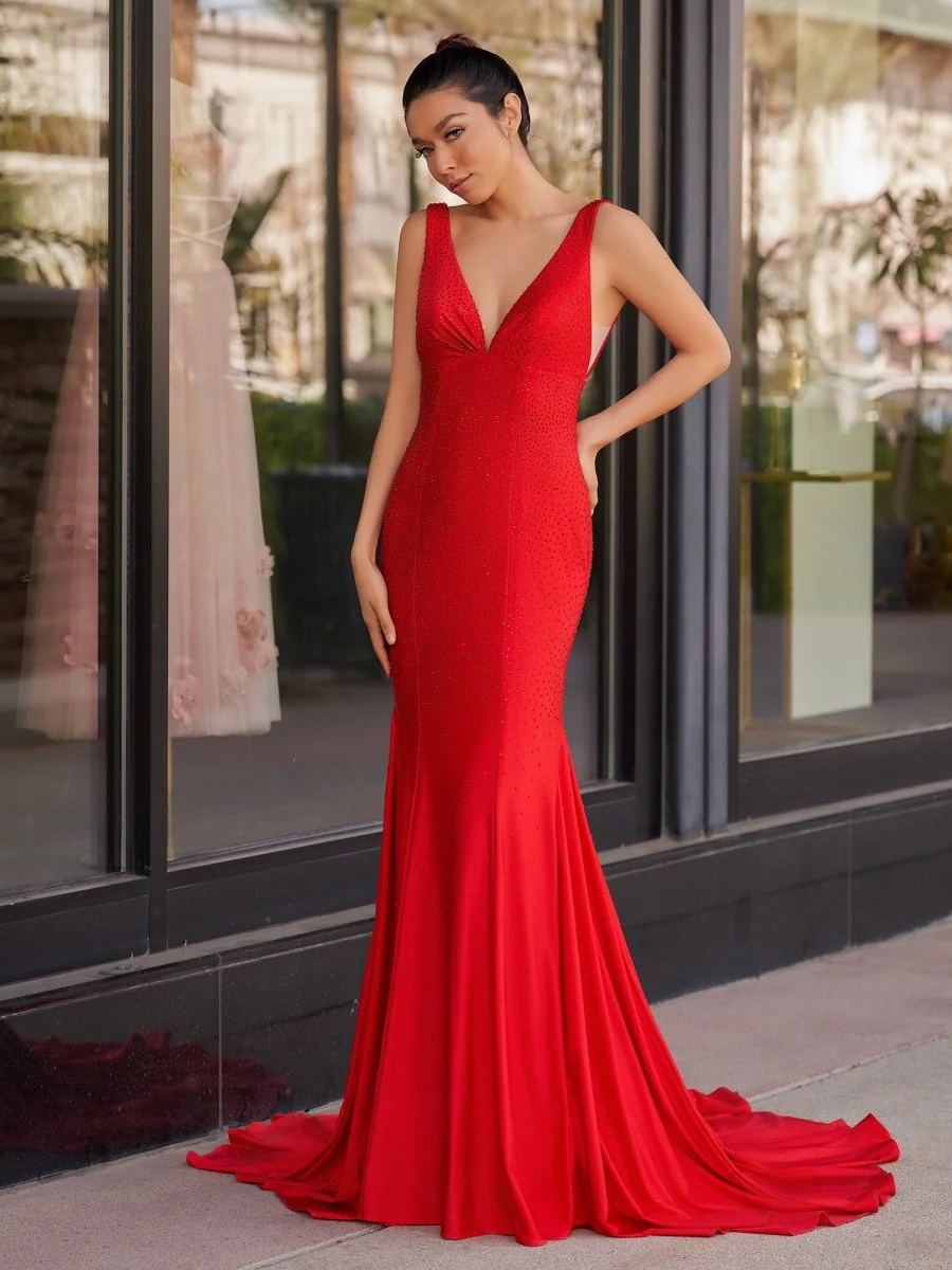 Mermaid Deep V-Neck Beaded Satin Long Prom Dress