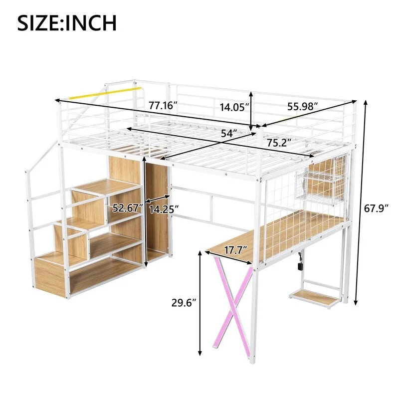 Metal Loft Bed with Desk, Wardrobe, and Storage Staircase