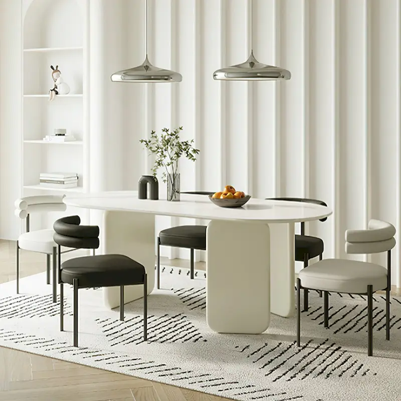 Modern Cream Faux Marble Oval Dining Table with Unique 3-Leg Base