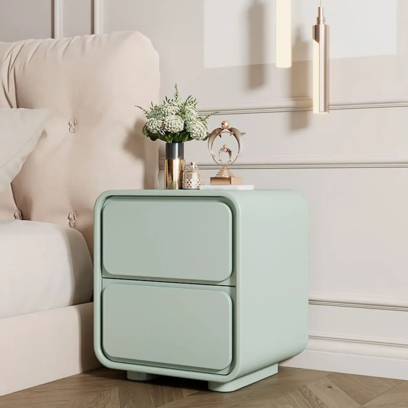 Modern Bedside Table with 2 Drawers - Beige Nightstand