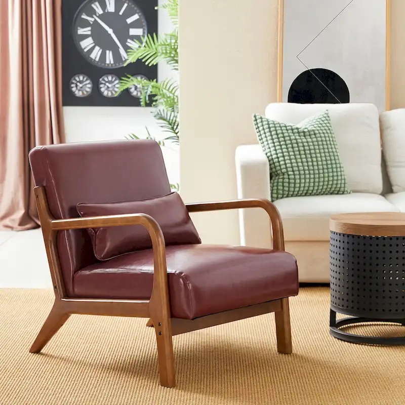 Glitzhome 30.75H Mid-Century Modern PU Leather Armchair Accent Chair with Pillow - 25.75W x 33.75D x 30.75H