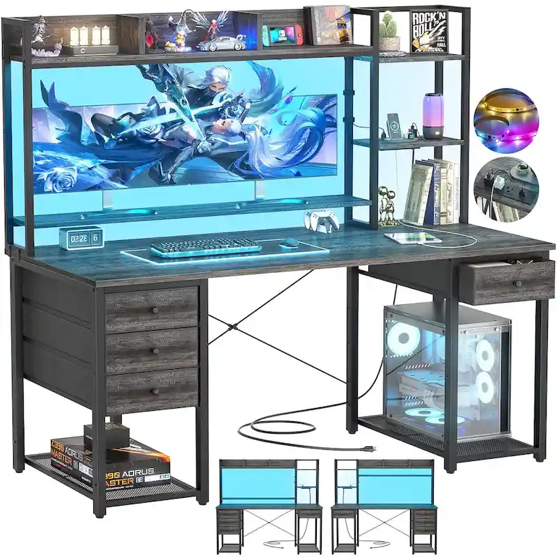 Gaming Desk with Hutch and Drawers, Office Computer Desk with Charge Station and LED Light