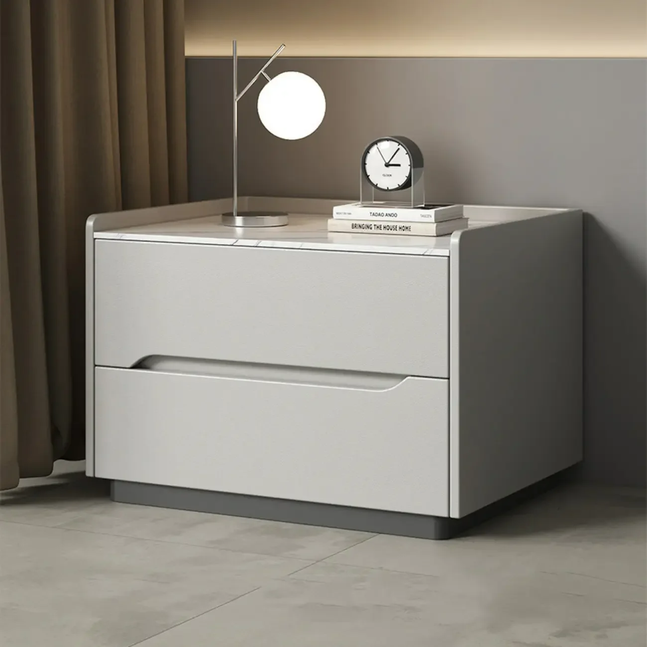 Modern Khaki Leather Stone Top 2-Drawer Nightstand