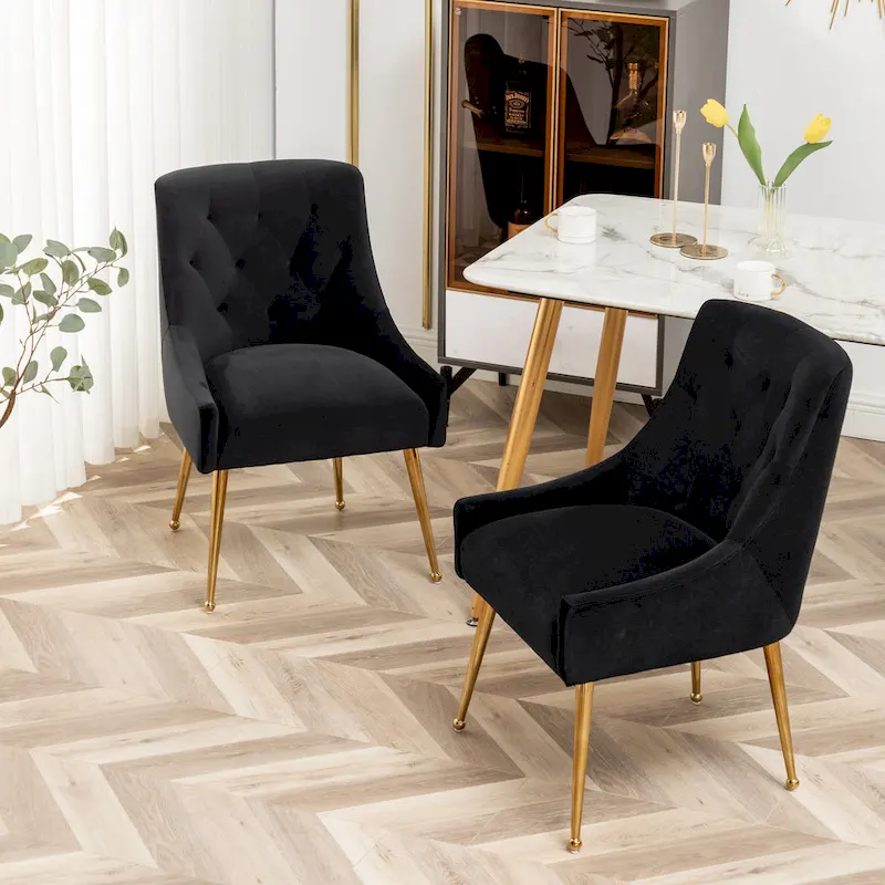 SEYNAR Modern Boucle Velvet Upholstered Accent Dining Chair Set of 2 Tufted Back Armless Chair with Golden Legs