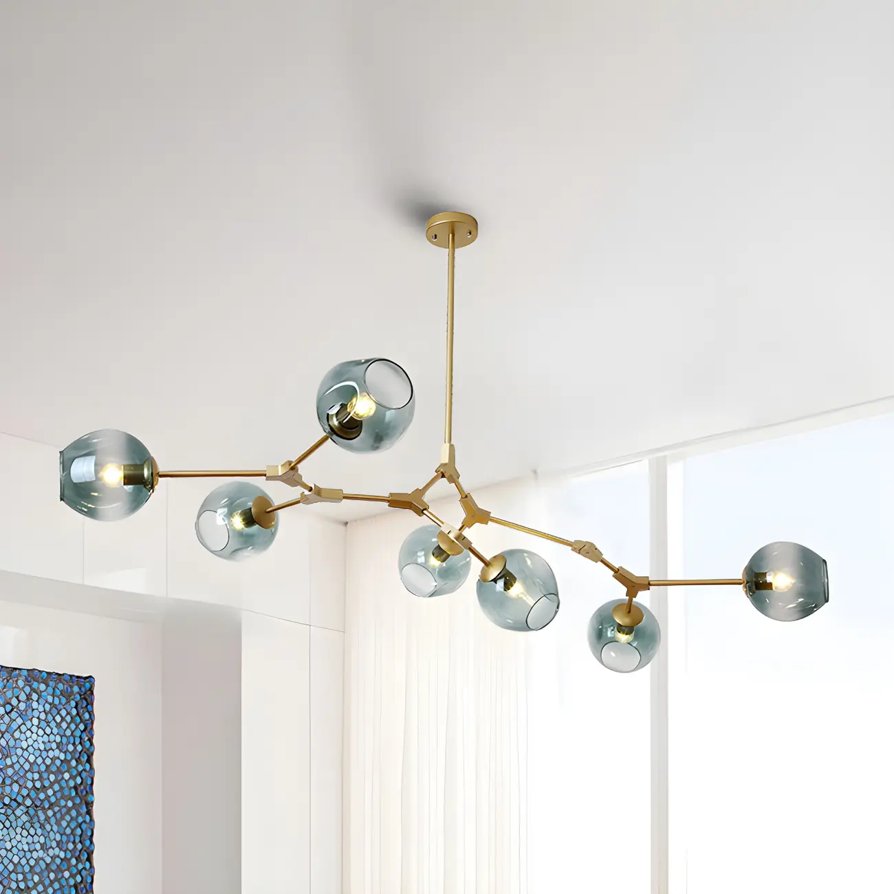 Industrial Sputnik Chandelier with Clear Blue Glass Globes