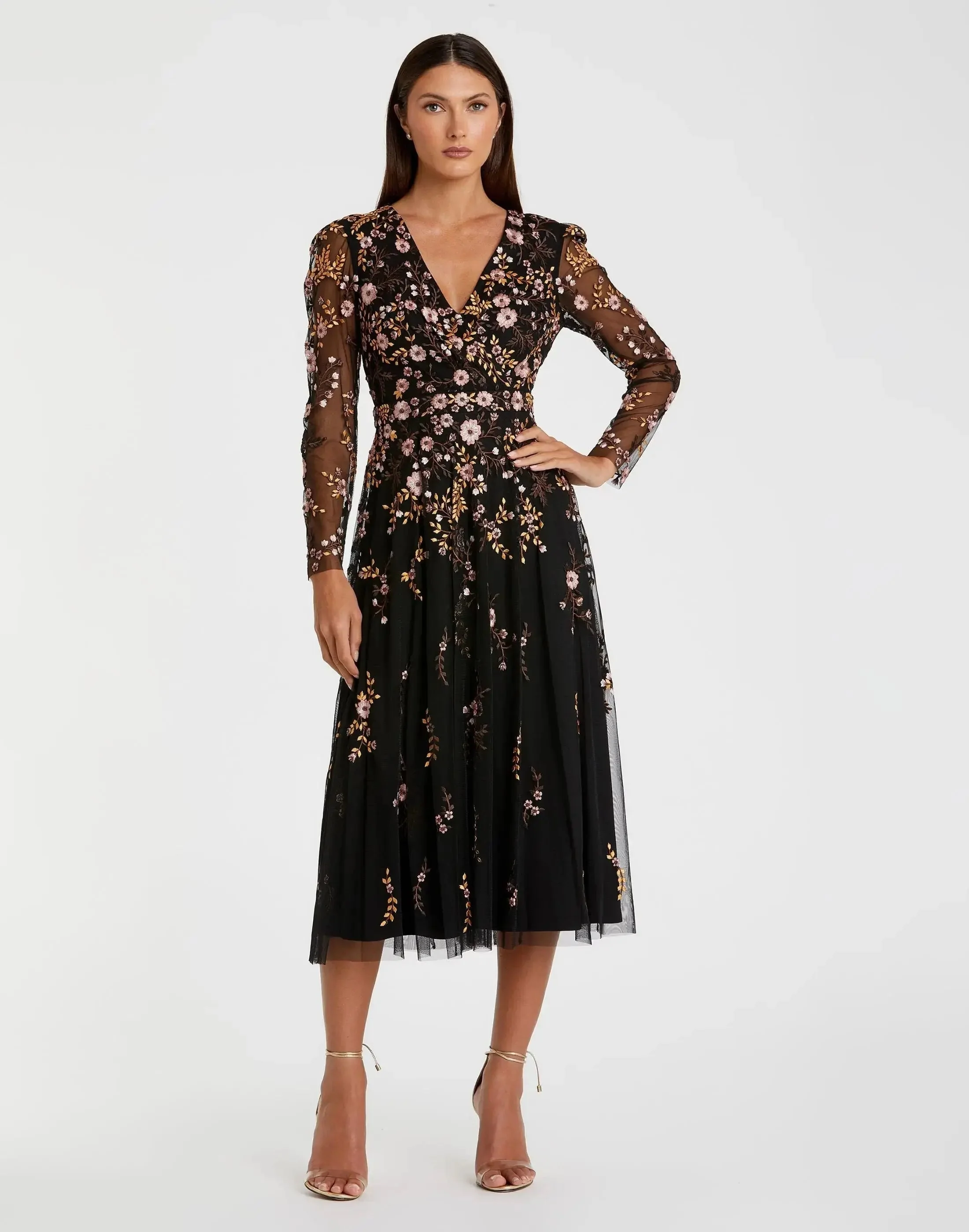 Black Multicolor Floral Embroidered A-Line Cocktail Dress
