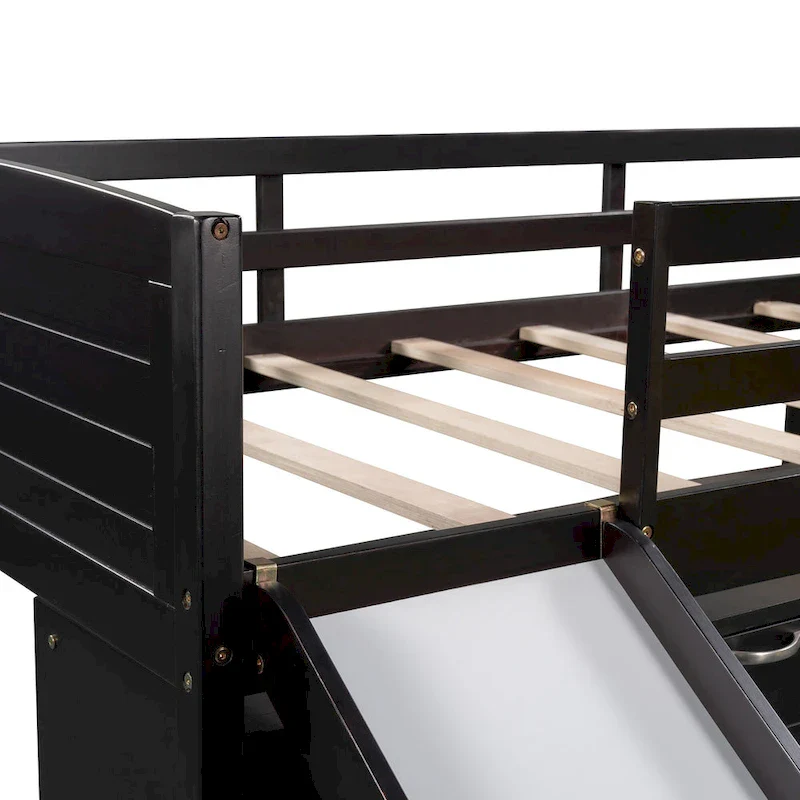 Twin Low Loft Bed with Storage Cabinets, Shelves & Ladder – White / Gray / Espresso, Pine Wood, Single