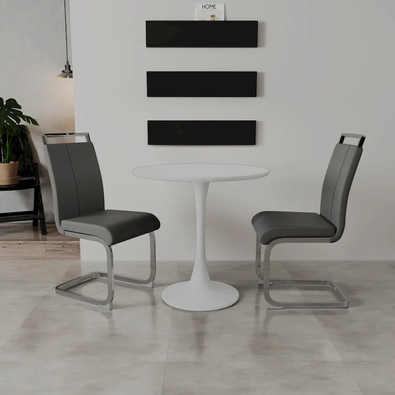 Modern 3-Piece Dining Set with Round Table & 2 High Back C-shaped Tube Chairs