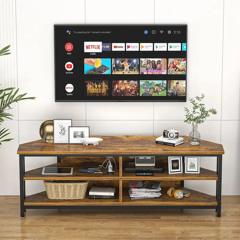 Rustic Brown / Black / Grey Oak Corner TV Stand with Power Outlet, for 1 TV up to 60