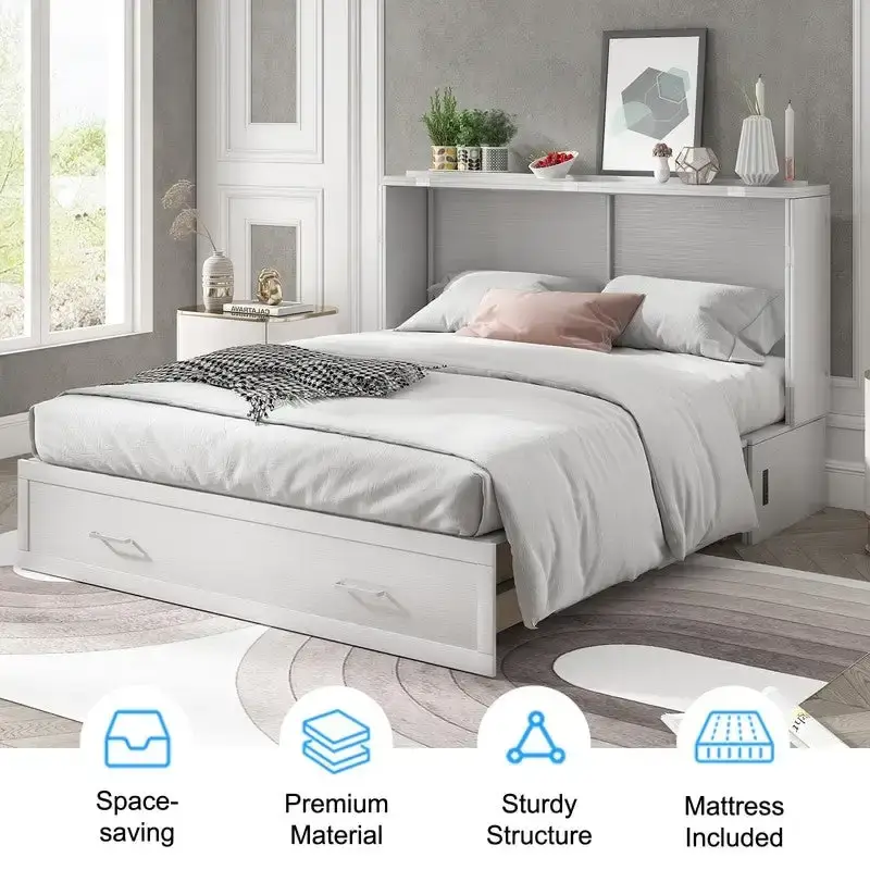 Mixoy Murphy Bed Cabinet Bed Chest with Mattress & Drawer