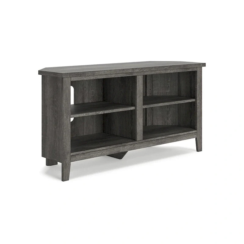 Corner TV Stand in Weathered Oak Finish with Wire Management Shelves