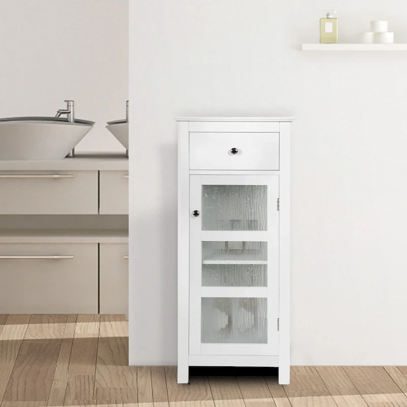 White Glossy Floor Accent Cabinet – Textured Glass Door & Drawer, Single Use
