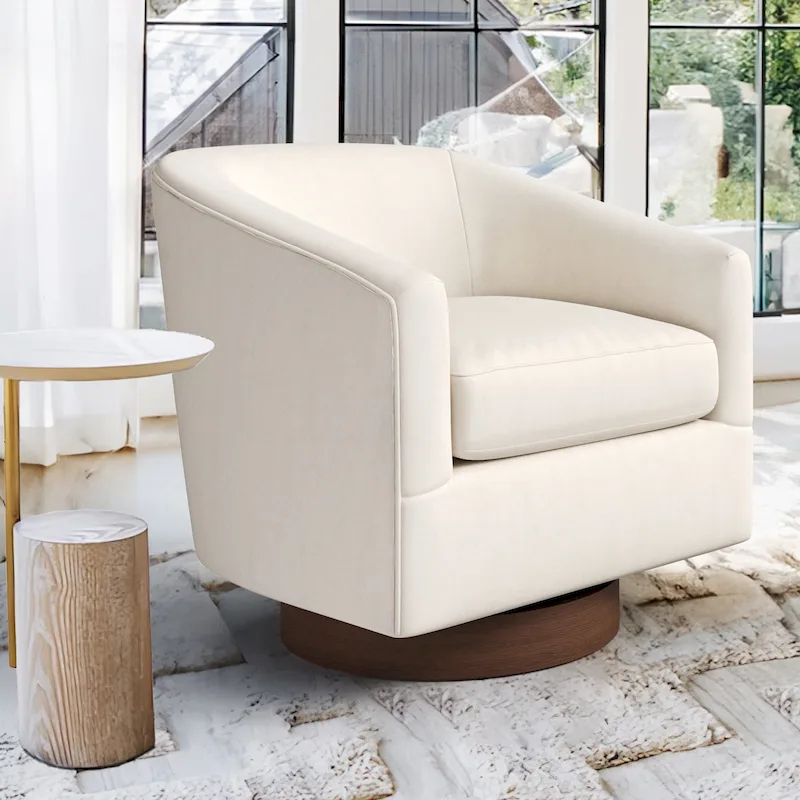 LUE BONA Modern Living Room Armchair Upholstered Wooden Barrel Swivel Accent Chair
