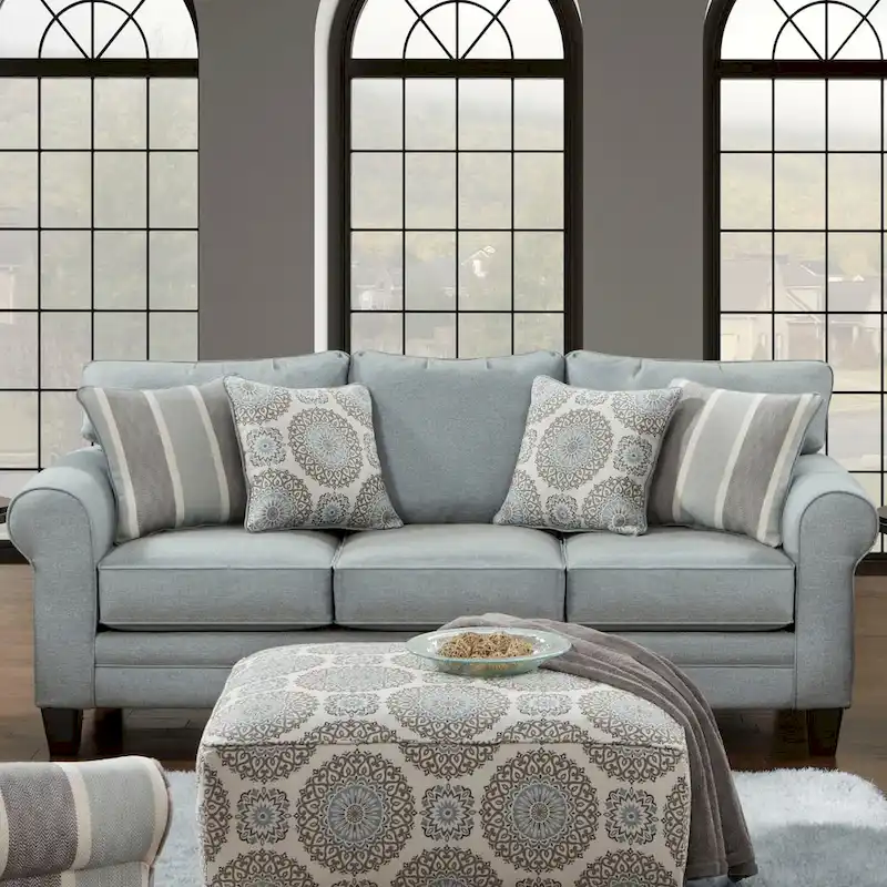 Round Arm Transitional Light Blue/Grey Sofa