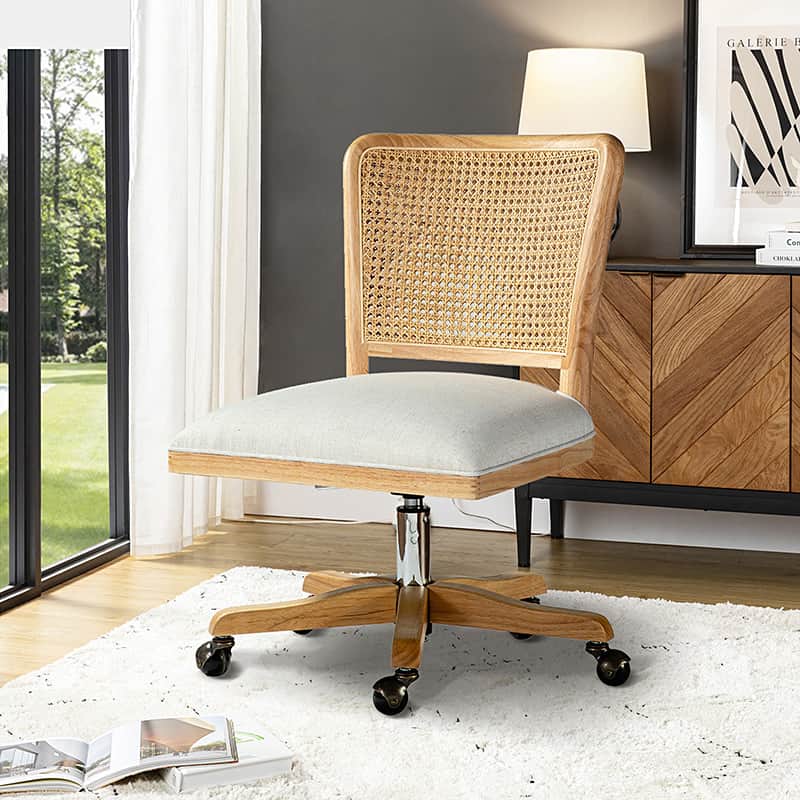 Rattan Back Task Chair with Polyester-Linen Seat, Adjustable Height & 360° Casters | Linen / Beige | Single Seat