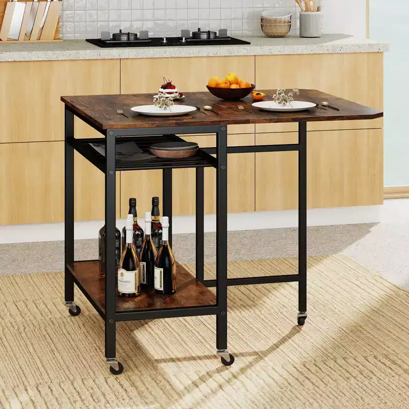 Costway Folding Dining Table Movable Kitchen Table w/ Wine Rack Storage Shelf & Wheels