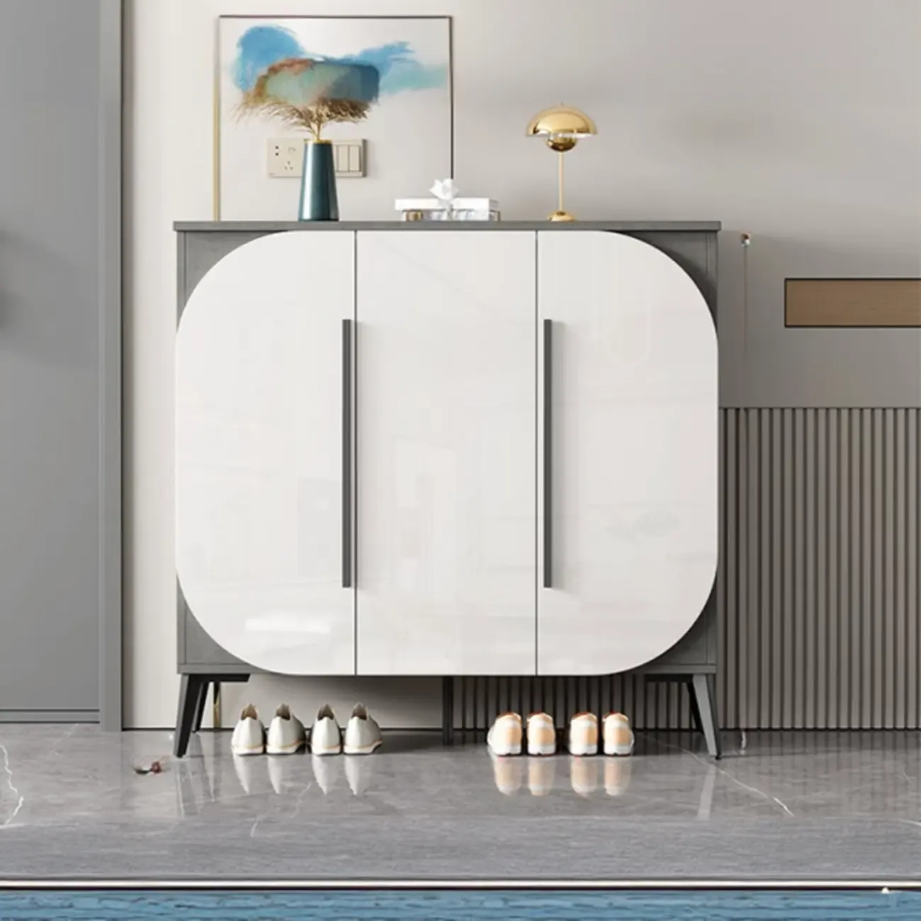 Trendy Gray-White Wooden Shoe Cabinet with Display Top