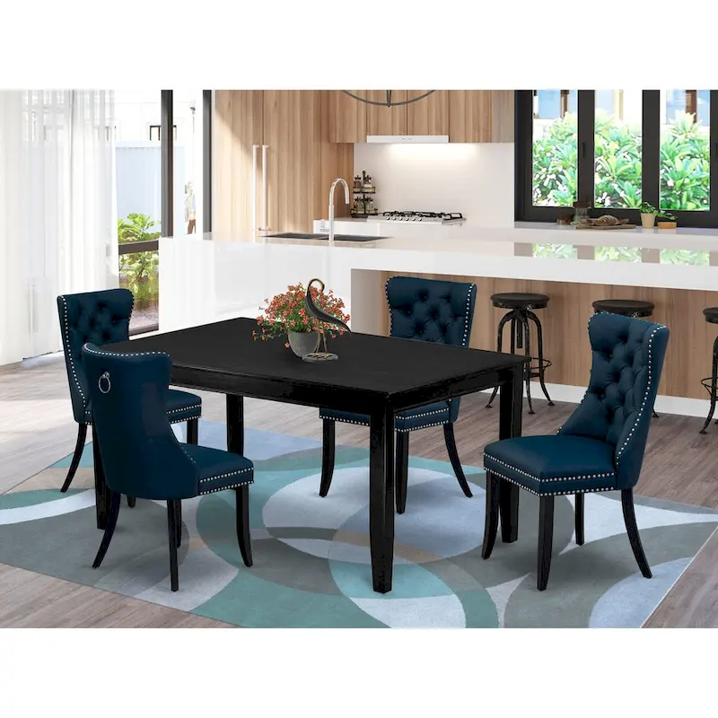 East West Furniture Kitchen Table Set Contains a Rectangle Dining Table and Upholstered Chairs, Black (Pieces Options)
