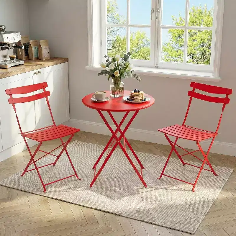 GustoWave 3-Piece Foldable Metal Bistro Set With Round Table, 2 Chairs