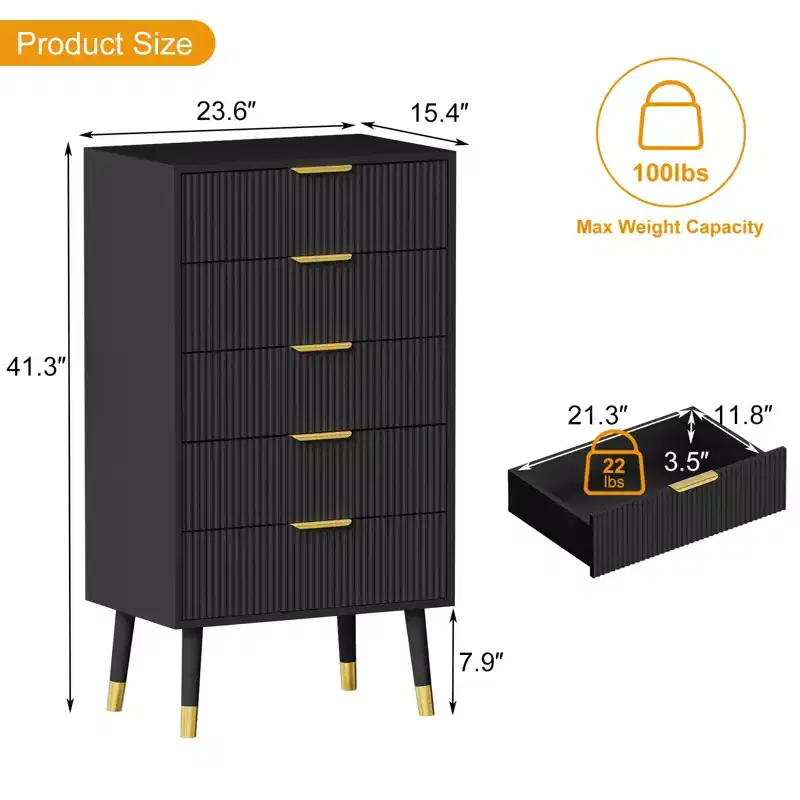 CuisinSmart Fluted 5 Drawer Dresser, Modern Wood Chest of Drawers with Gold Handles, Tall Storage Cabinet for Bedroom Living Room Entryway