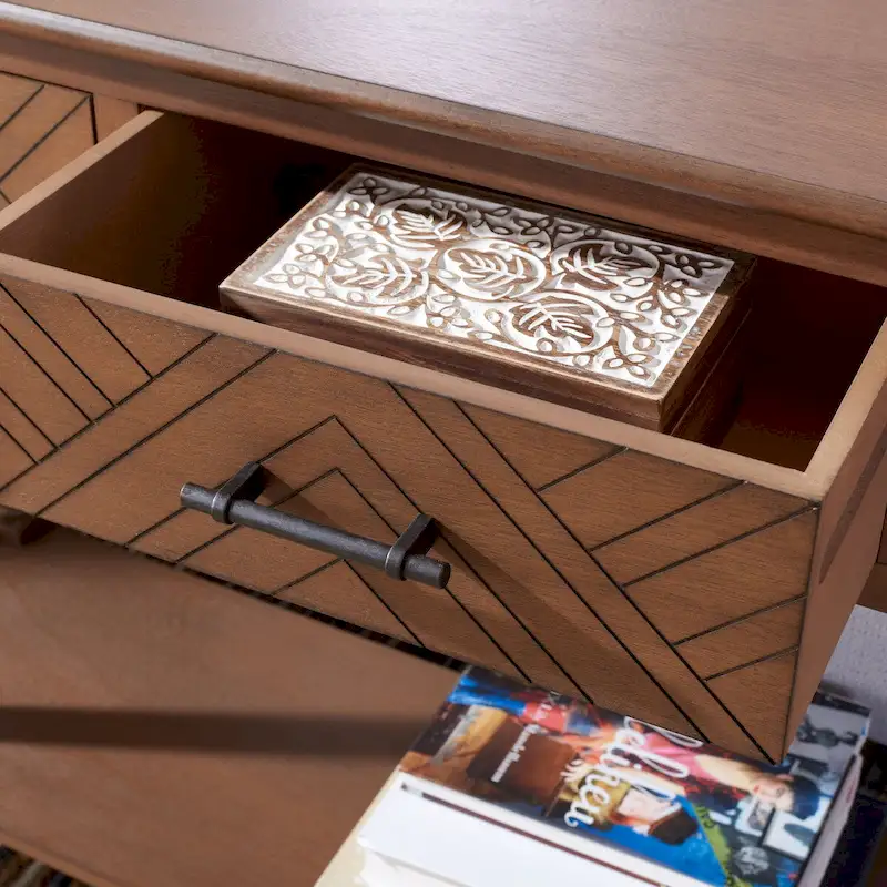 3-Drawer Console Table with Herringbone Pattern and Bottom Shelf