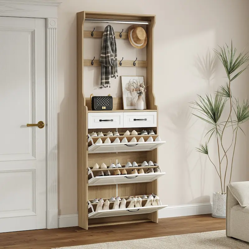 New Shoe Cabinet with 3 Doors 2 Drawers with Hanger,PVC Door With Shape,Large Space for Storage