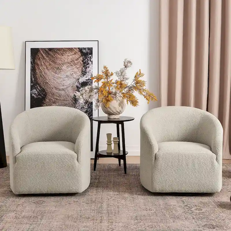 KINWELL 32 W Boucle Upholstered Swivel Barrel Armchair (Set of 2)