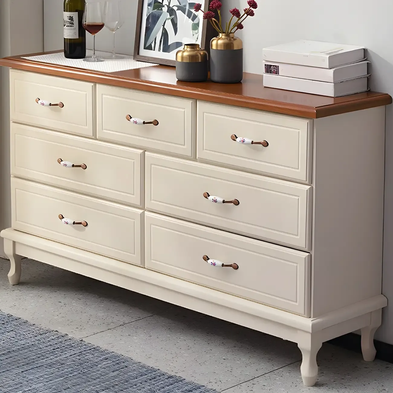 Contemporary White-Brown Solid Wood Double Dresser