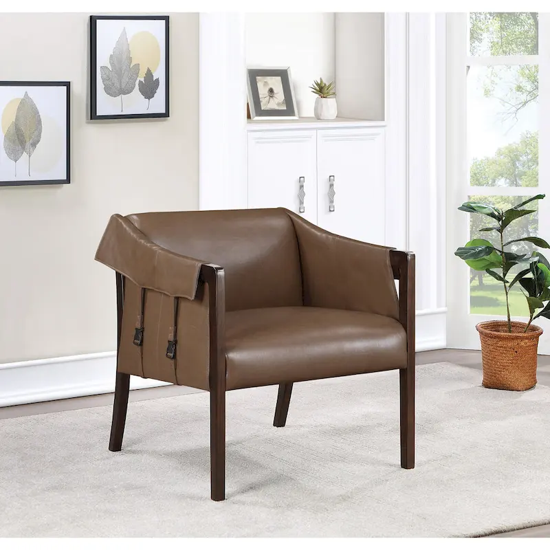 Brown Faux Leather Sling Accent Chair with Buckle Design