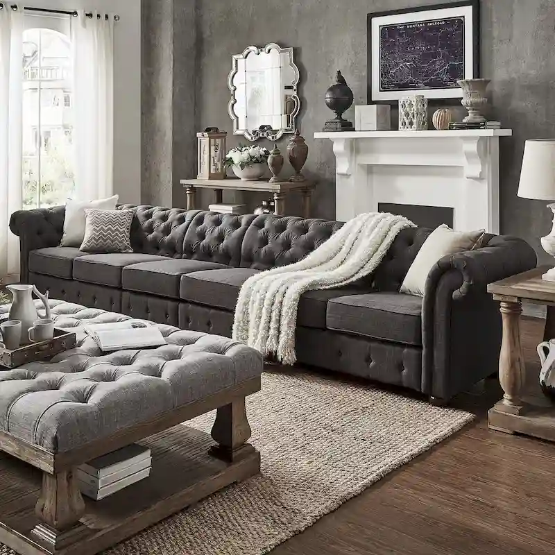 Dark Grey Linen / Velvet Chesterfield Sofa – 4, 5 or 6 Seat