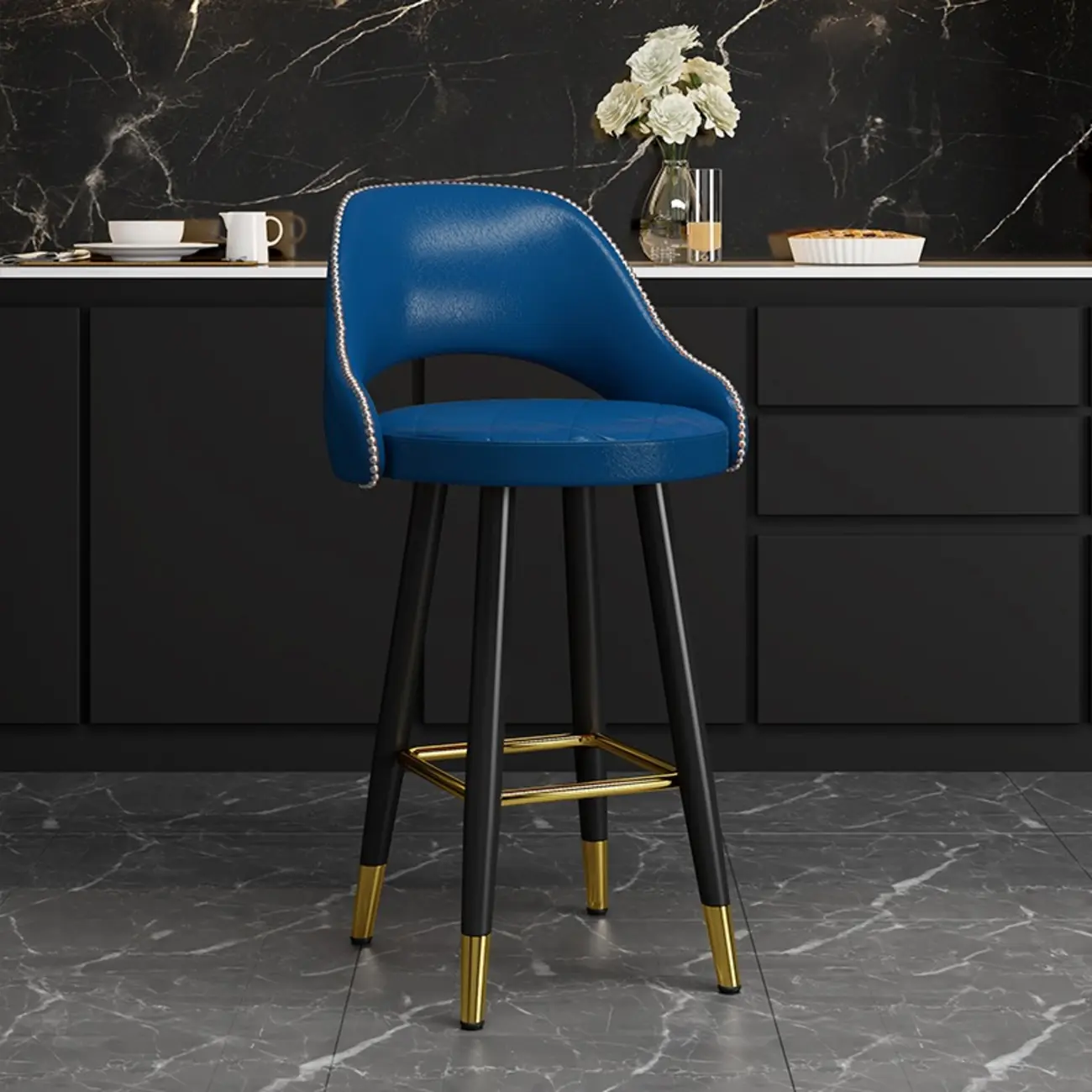Modern Round Leather Curved Back Bar Stools