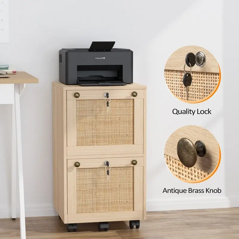 Mobile File Cabinet Wood Rattan 2-Drawer with Lock