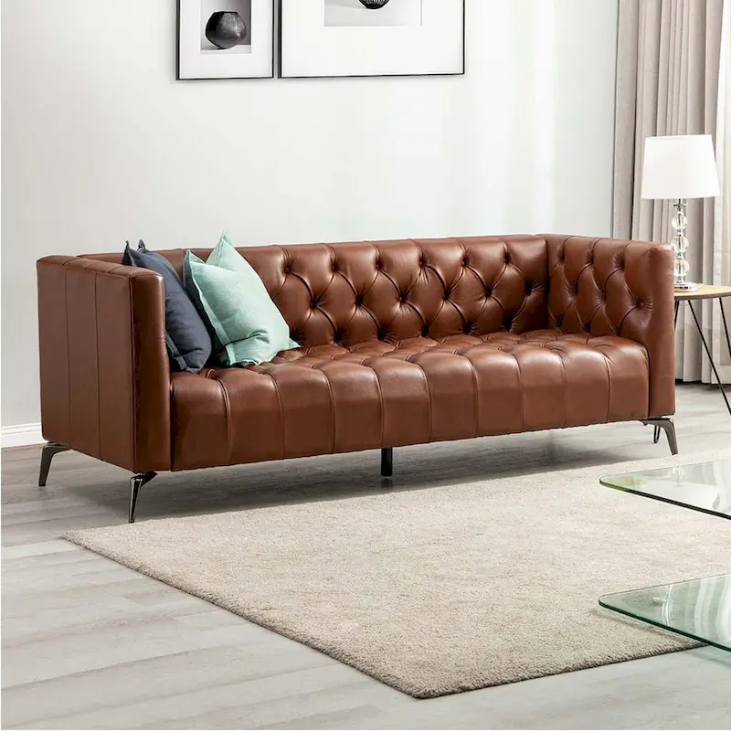 Transitional Genuine Leather Sofa with Metal Legs and Tufted Back