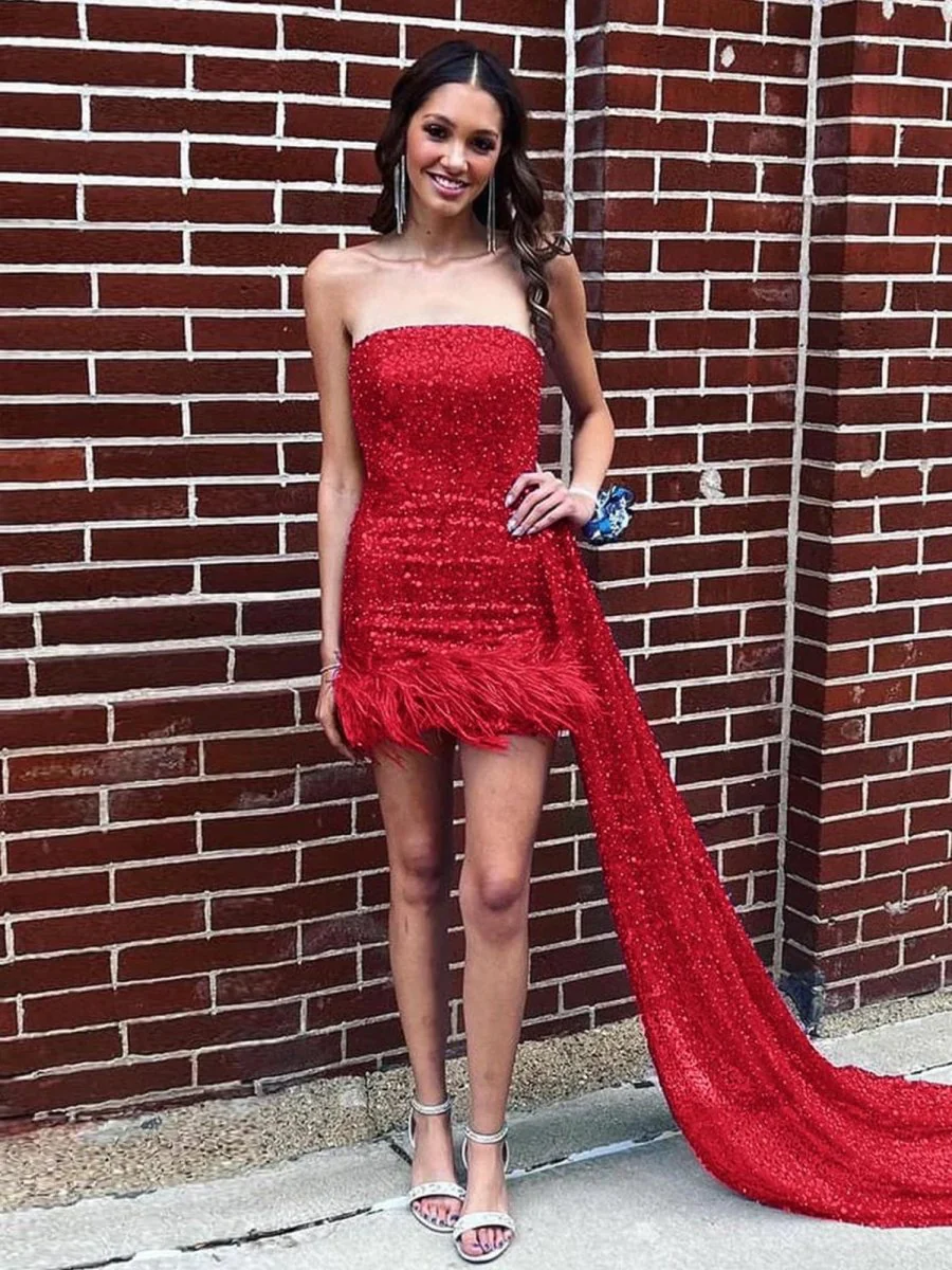 Red - Strapless Bodycon Sequins Homecoming Dresses With Feather