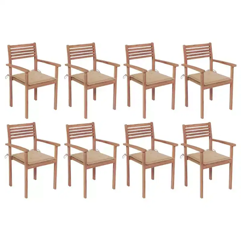 vidaXL 8 pcs Solid Teak Wood Stackable Chairs with Cushions - Classic Outdoor Furniture for Patio and Garden