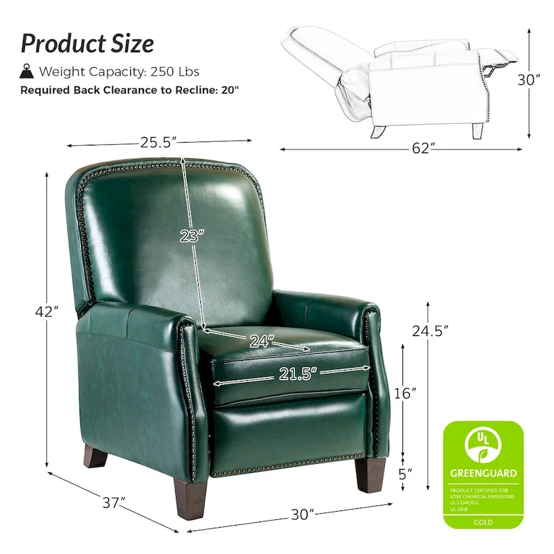 Modern Retro Genuine Leather Recliner with Nailhead Trim & Wooden Frame