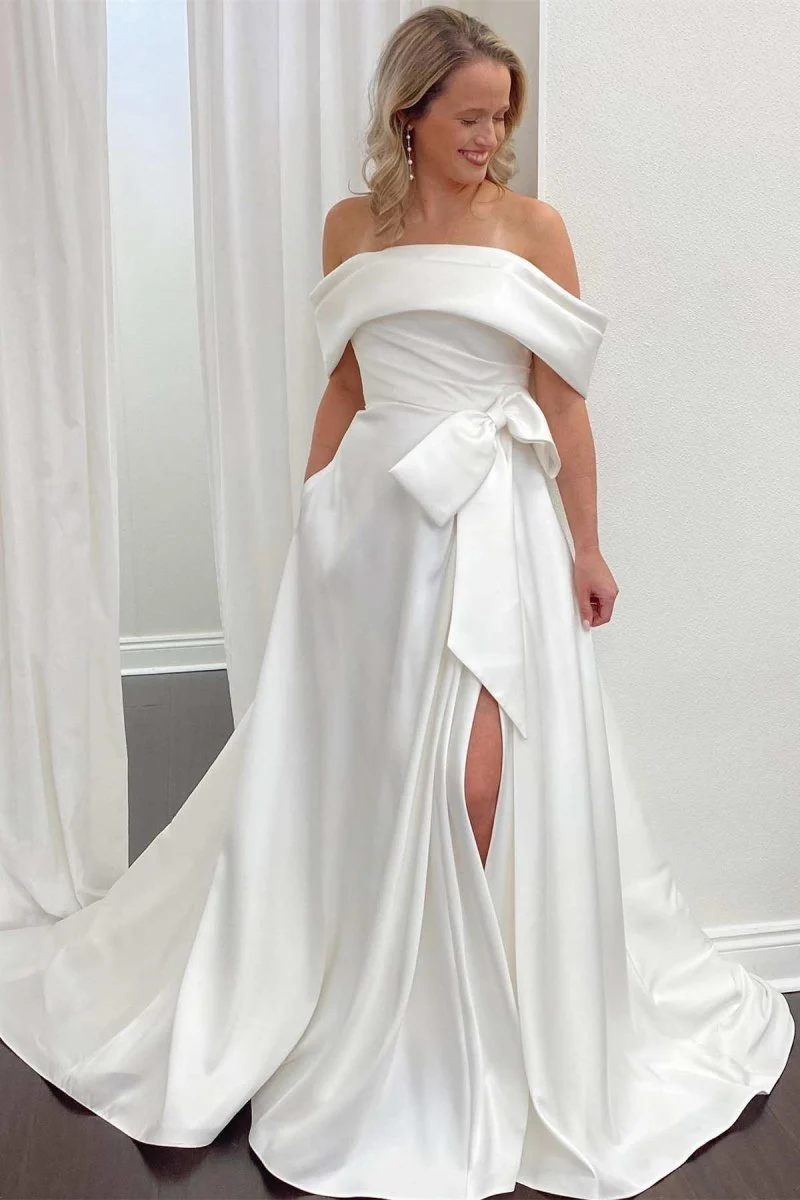 White Satin Off-the-Shoulder Bow A-Line Wedding Dress with Slit
