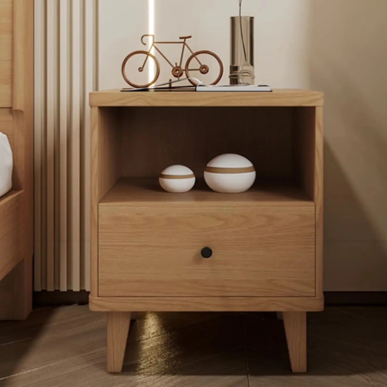 Modern Natural Wood Open Nightstand with Drawer