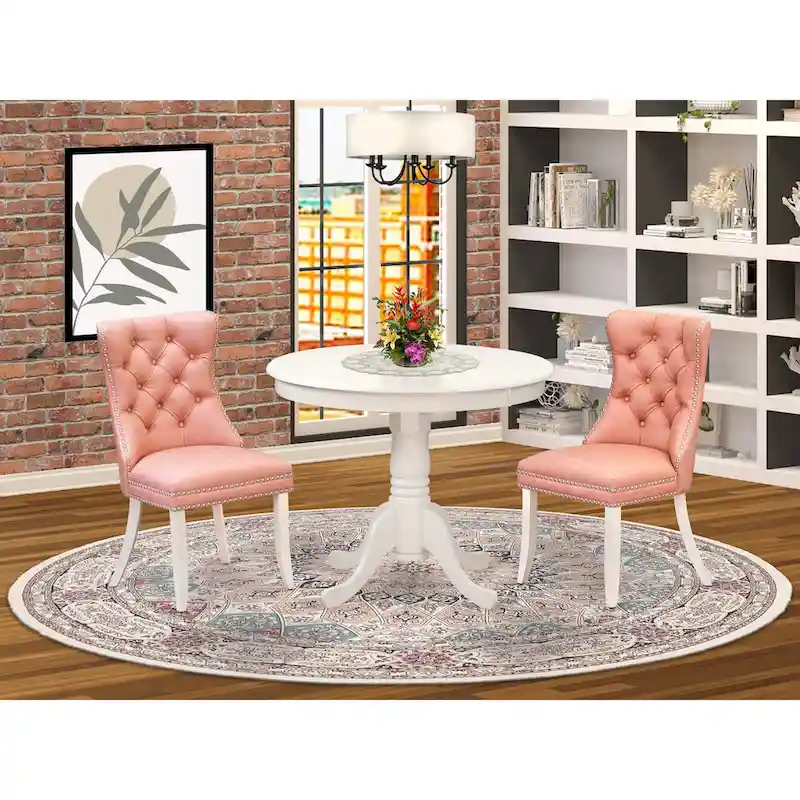 East West Furniture Dinette Set Consists of a Round Kitchen Table and Upholstered Chairs, Linen White (Pieces Options)