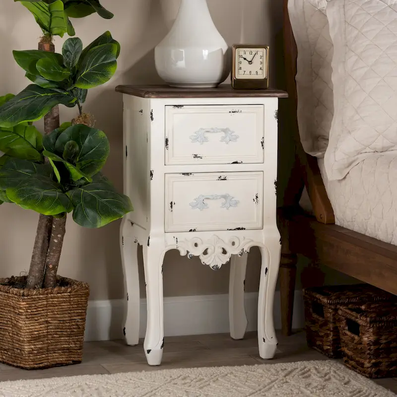 Classic and Traditional Two-Tone Walnut Brown and Antique White Finished Wood 2-Drawer End Table