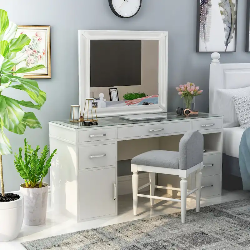 Makeup Vanity Set 3-Piece Solid Wood 6 Drawers LED Mirror Padded Stool 60